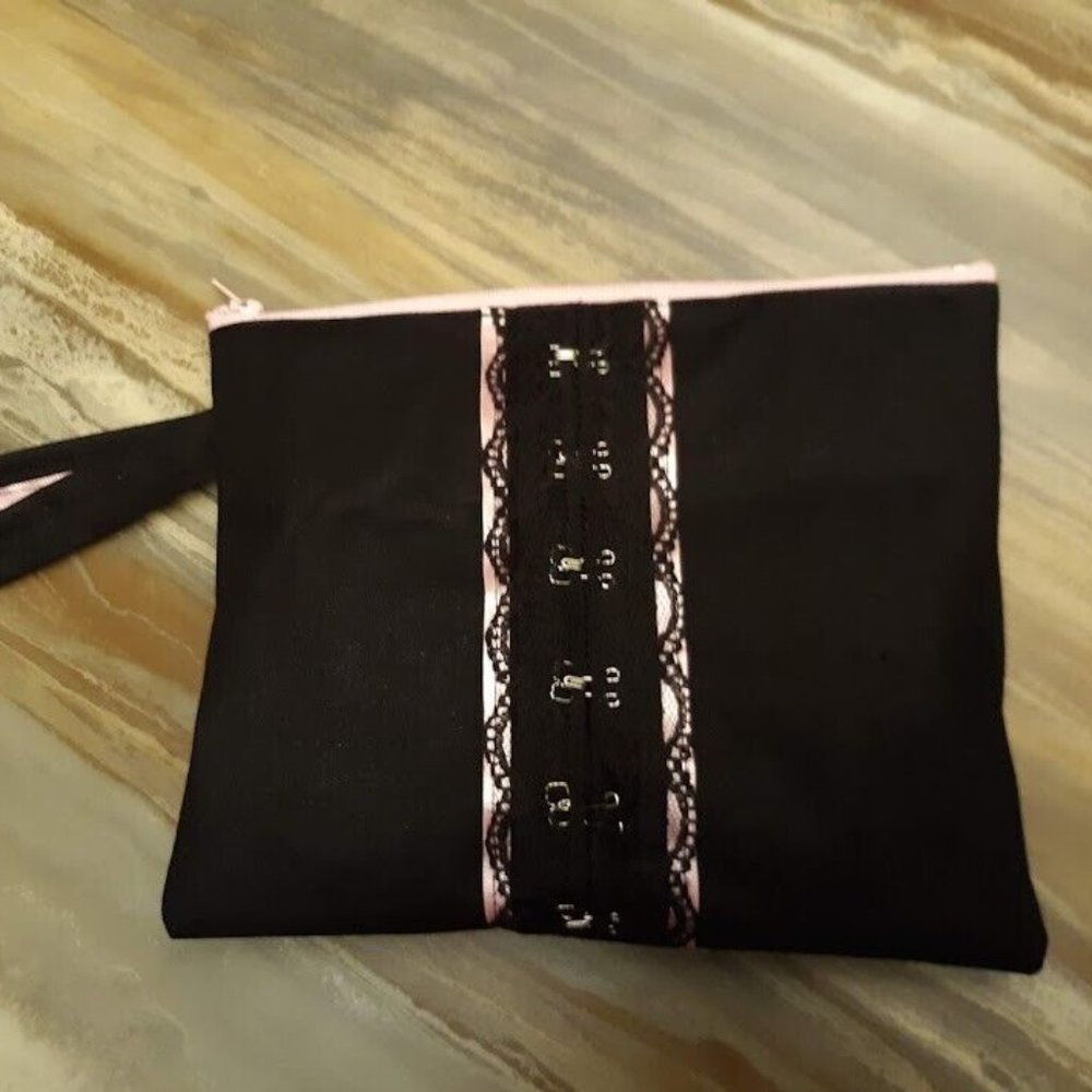 Corset Lingerie Lace Clutch travel make-up bag Pink Black 8" Wristlet cosmetics